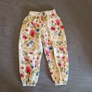 Floral Elastic Waist Jogger Pants - Cream Base with Pink & Green Flowers